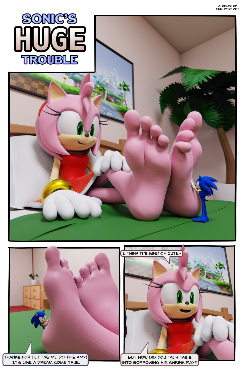 4_toes absurd_res amy_rose anthro barefoot comic comic_page dialogue duo english_text feet feetymcfoot female foot_fetish foot_focus foot_play foot_rub giantess hi_res humanoid_feet male male/female micro page_1 plantigrade sega soles sonic_(series) sonic_the_hedgehog sonic_the_hedgehog_(series) speech_bubble text toes