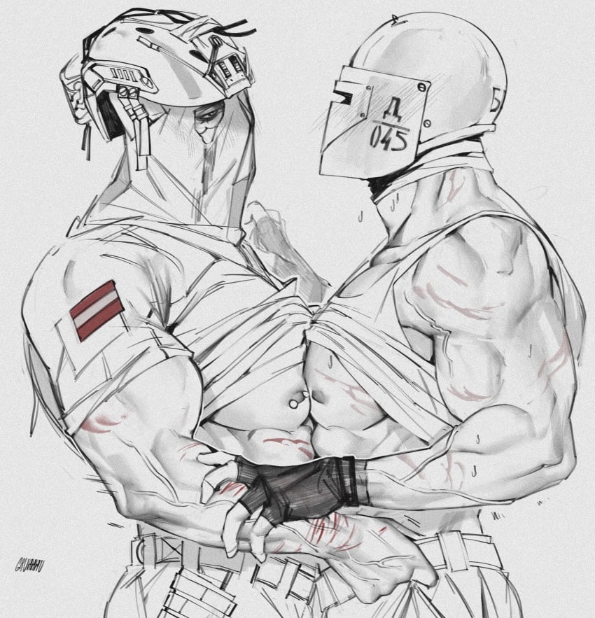 2boys call_of_duty crossover fingerless_gloves grabbing_pants gruhhhu helmet holding_partner konig male_only mask masked masked_male modern_warfare muscular muscular_male nipple_piercing pecs pecs_touching pierced_nipples piercing rainbow_six_siege scars scratches shirt_lift suggestive tachanka_(rainbow_six) tank_top tank_top_lift