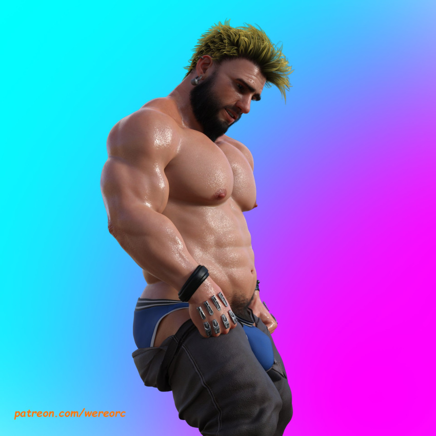 1boy 1human 3d 3d_(artwork) 3d_model black_facial_hair blue_underwear dwarf dwarf_male erect_nipples indoor_nudity indoors male male_only manly muscles muscular muscular_male oc original original_character pants_down pink_nipples selfie selfie_pose solo solo_focus solo_male underwear wereorc_(artist) yellow_hair