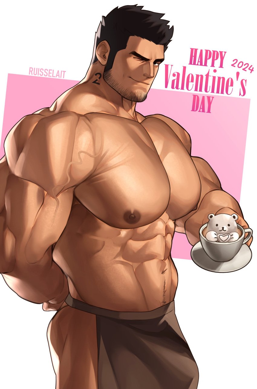 1boy 2024 apron_only bara bear black_hair bodybuilder bulge coffe coffee_cup cup facial_hair gay heart looking_at_viewer lucas_lee male male_only mostly_nude muscles muscular muscular_arms muscular_male nipples one_eye_closed pecs ruisselait scott_pilgrim solo solo_male valentine's_day winking winking_at_viewer