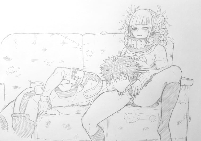 1boy 1boy1girl 1girls accurate_art_style big_penis boku_no_hero_academia double_bun female hero hero_outfit_(mha) himiko_toga izuku_midoriya james_ls licking_pussy male male/female masturbating masturbation medium_penis messy_hair my_hero_academia oral oral_sex penis sketch socks vagina villain