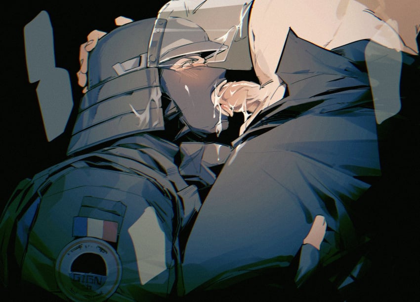 2boys balaclava belly belly_button black_background blowjob blush blushing bulletproof_vest chromatic_aberration cum cum_in_mouth cum_on_face ezekialali_rei fellatio fingerless_gloves french french_flag gay hand_on_head helmet holding_legs holding_thigh male_only montagne_(rainbow_six) on_knees open_pants oral oral_sex pants pants_open penis penis_in_mouth police police_uniform rainbow_six_siege semen semen_in_mouth tactical_gear uniform unzipped veiny_penis vest visor visor_cap visor_helmet yaoi