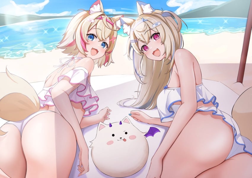 2d 2d_(artwork) 2girls animal_ears animal_tail ass back_view backboob beach big_breasts bikini blonde_hair blue_eyes clouds day female female_focus fuwamoco fuwawa_abyssgard high_resolution highres hololive hololive_english hololive_english_-advent- light-skinned_female light_skin long_hair looking_at_viewer looking_back lying miniskirt mococo_abyssgard ocean open_mouth outdoors pink_eyes short_hair sisters sky small_breasts smiling smiling_at_viewer summer swimsuit thong thong_bikini two_piece_swimsuit two_tone_hair virtual_youtuber vtuber vtuberfanart young younger_female