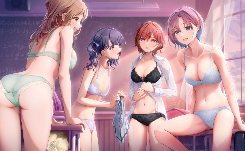 4girls asakura_toru ass back bare_arms bare_ass bare_back bare_legs bare_midriff bare_shoulders bare_thighs belly belly_button black_bra black_panties black_underwear blue_bra blue_eyes blue_panties blue_underwear bra breasts brown_eyes brown_hair changing changing_clothes changing_clothing changing_room cleavage collarbone dot_nose elbows female female_focus female_only frilled_bra frilled_panties frilled_underwear fujinomiya_rio fukumaru_koito green_bra green_panties green_underwear groin hair_between_eyes hairpin hairpins high_resolution highres higuchi_madoka ichikawa_hinana idolmaster idolmaster_shiny_colors large_breasts leaning leaning_forward legs legs_together light_skin long_hair matching_underwear medium_breasts multiple_girls navel nude open_mouth panties petite petite_body petite_breasts petite_female petite_girl purple_bra purple_eyes purple_hair purple_panties purple_underwear red_eyes red_hair short_hair sideboob sitting skirt slender_body slender_waist slim_girl slim_waist small_breasts spread_legs standing thick_ass thick_thighs thighs thin_waist twintails underwear v-line wavy_hair white_shirt whiteboard