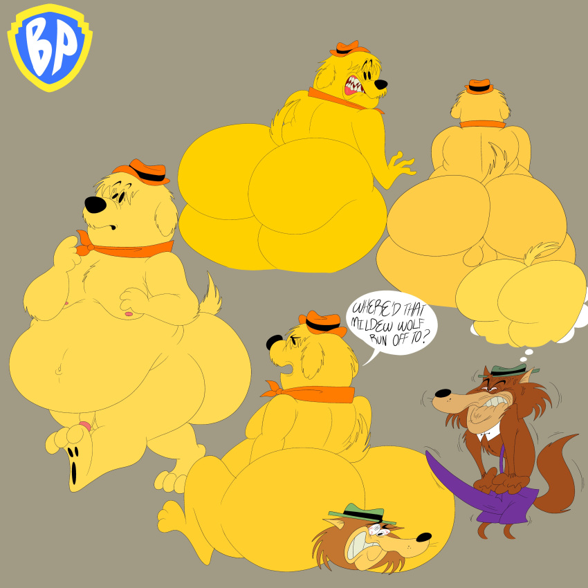 2boys anthro balls big_ass big_butt blastprocessing16 bristle_hound bubble_ass bubble_butt butt_crush canid canine canis cartoony erection hanna-barbera hat hi_res it's_the_wolf mammal mildew_wolf naked overalls penis scarf sheepdog teeth text text_bubble thinking_cloud unaware_buttcrush wolf yellow_fur