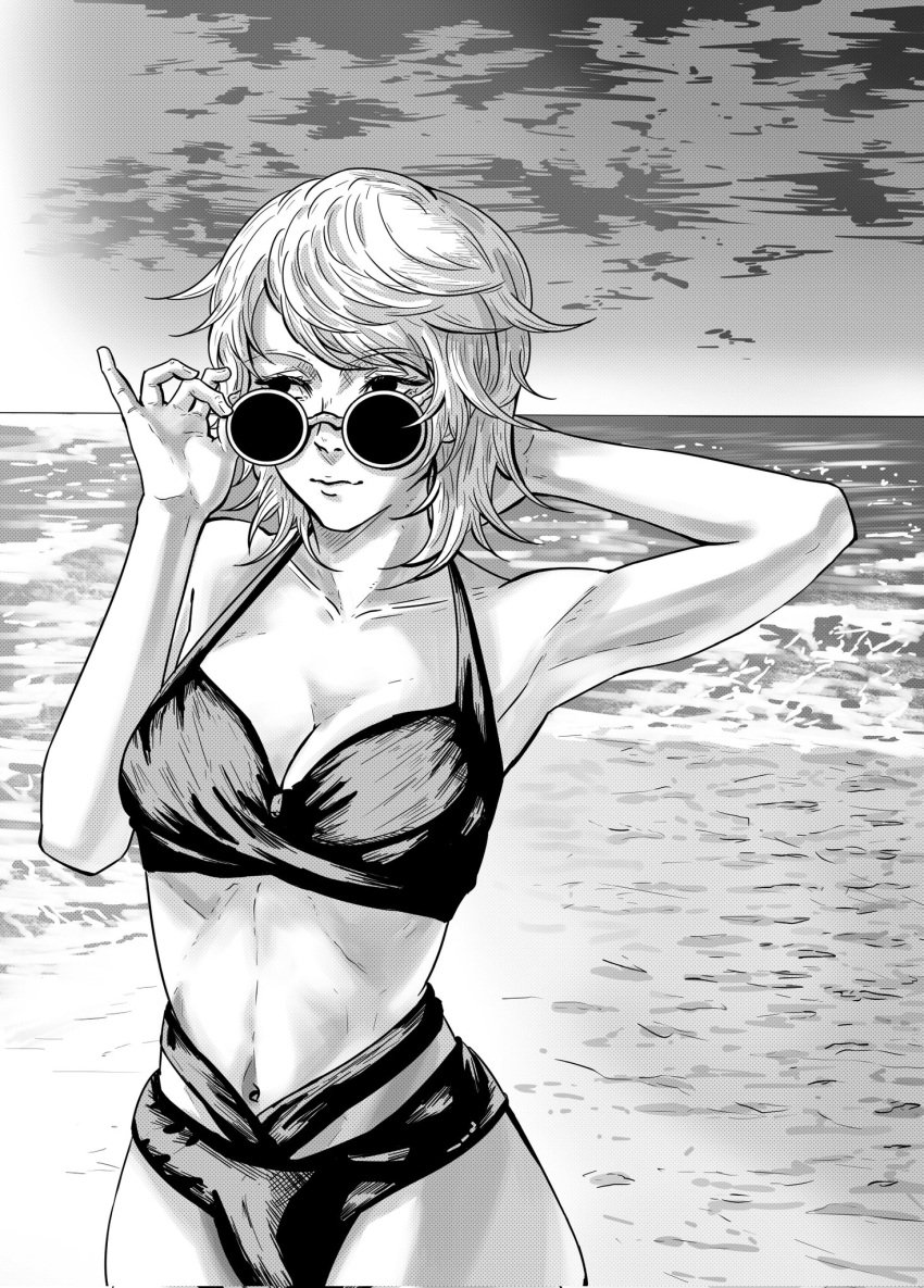 1girls adjusting_eyewear adjusting_glasses adjusting_sunglasses beach bikini chainsaw_man female_only looking_over_eyewear looking_over_glasses looking_over_sunglasses medium_hair monochrome raggumba ruffles sea seaside shounen_jump sunglasses swimwear tinted_eyewear wavy_hair whip_hybrid