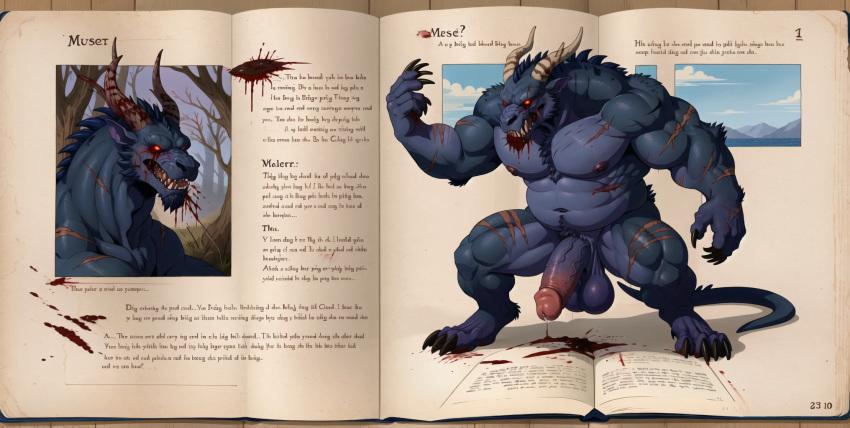 ai_generated bestiary big_penis black_body blood blue_body book greesys monster original scar stable_diffusion