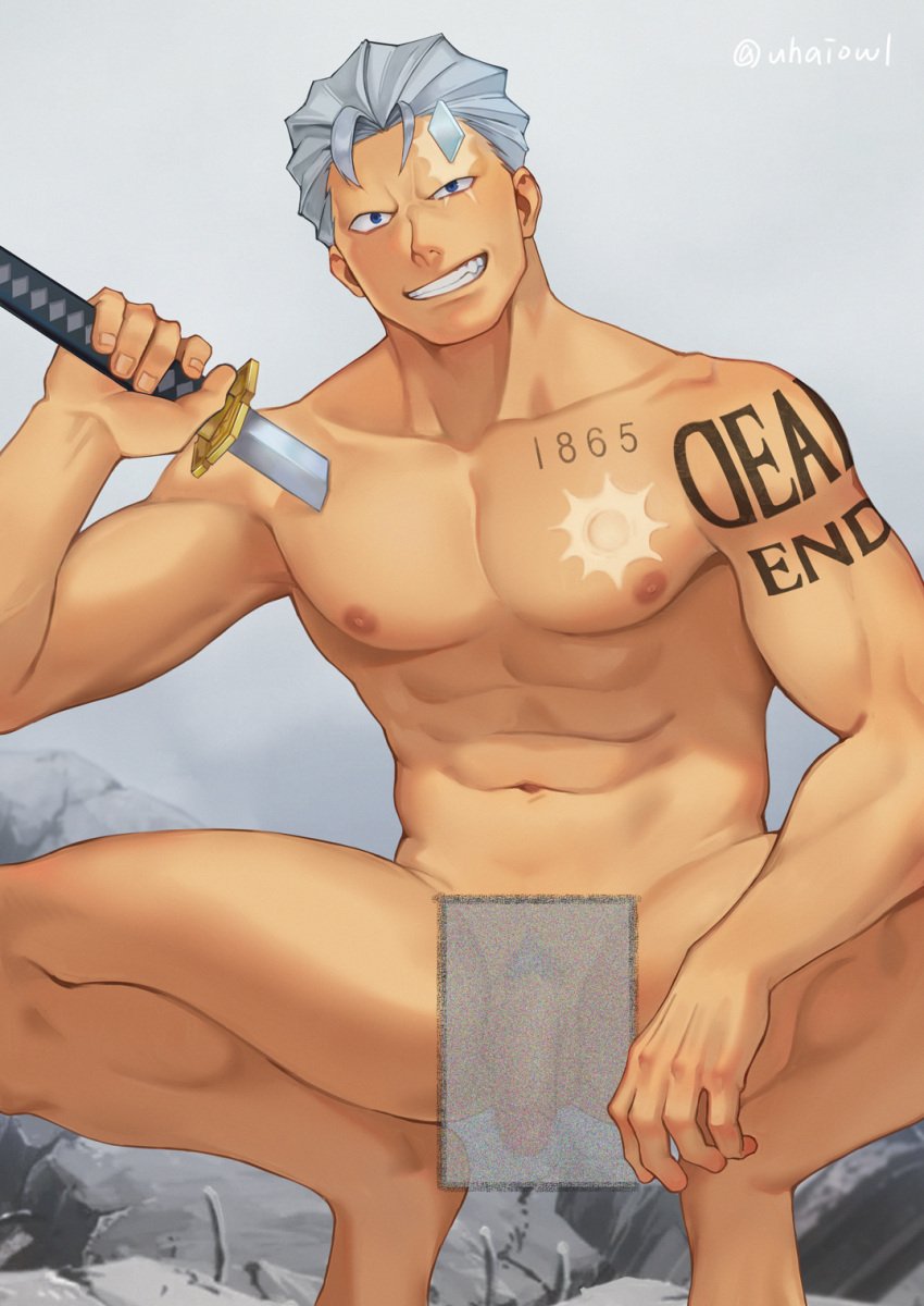 1boy abs andy_(undead_unluck) bara censored completely_nude erection grey_hair highres holding holding_sword holding_weapon large_pectorals male male_focus male_only male_pubic_hair muscular muscular_male navel nipples nude pectorals penis pubic_hair short_hair smile solo squatting sword teeth testicles uhai undead_unluck weapon