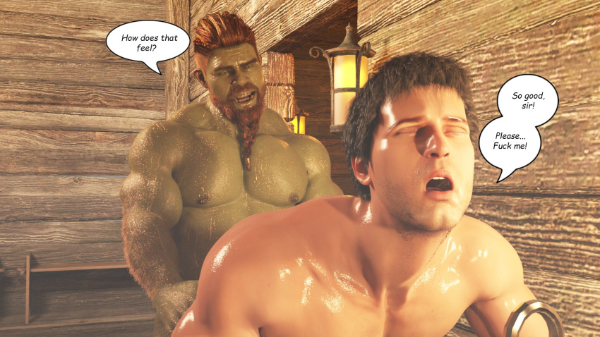 1human 1orc 2boys 3d 3d_(artwork) 3d_model alpha_male anal anal_insertion anal_sex dialogue dom/sub dominant_male dominant_orc exclamation gay gay_anal gay_male gay_sex ginger ginger_hair green_body green_skin indoor_nudity indoors indoors_sex interspecies interspecies_sex interspecies_yaoi legs_held_open lifted_by_another male maledom muscular muscular_male oc orc orc_male original original_characters overly_muscular submissive_human submissive_male text text_bubble thrusting thrusting_into_ass wereorc_(artist) yaoi