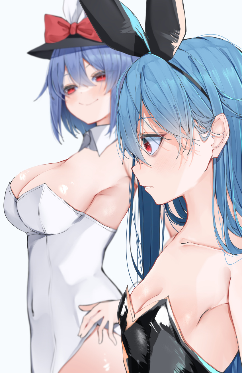 2girls absurdres animal_ears black_headwear black_leotard blue_hair breast_envy breasts closed_mouth collarbone detached_collar fake_animal_ears hair_between_eyes hat hat_ribbon highres hinanawi_tenshi iku_nagae large_breasts leotard long_hair multiple_girls nagae_iku open_mouth rabbit_ears red_eyes red_ribbon ribbon short_hair simple_background small_breasts smile tagme tenshi_hinanawi touhou tsune_(tune) white_background white_leotard