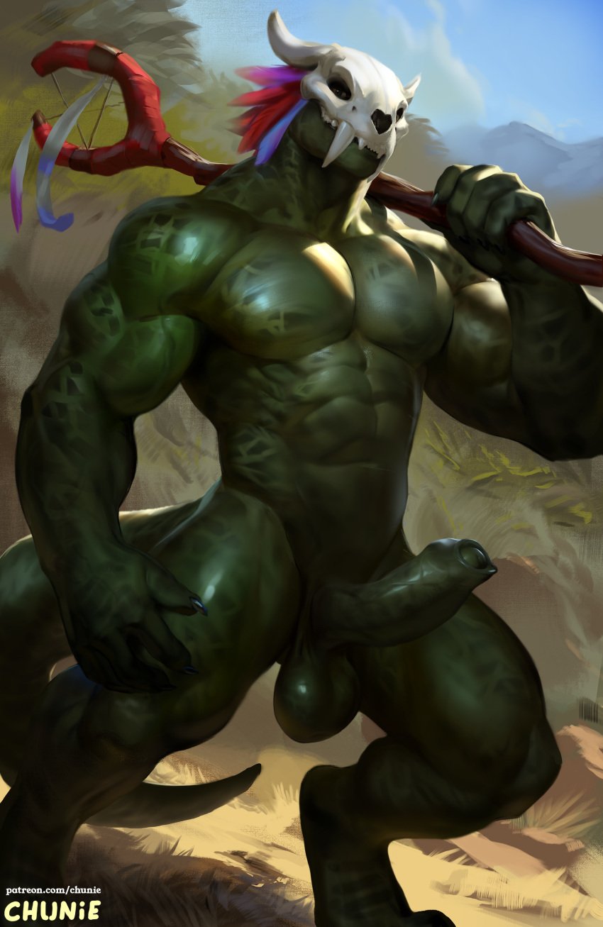 1boy abs balls chunie green_balls green_body green_penis green_scales green_skin hi_res highres male_only muscles muscular muscular_male penis terraria witch_doctor_(terraria)