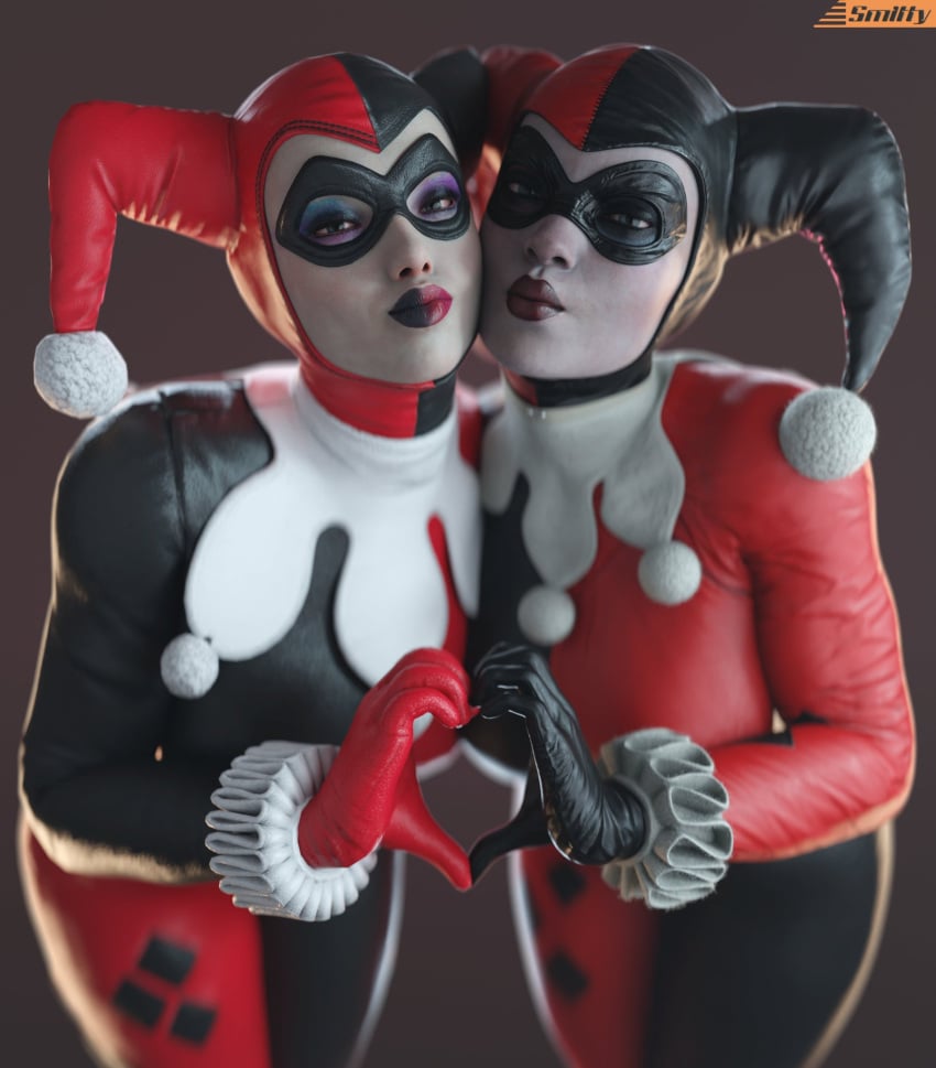 2girls 3d 3d_(artwork) batman:_arkham_knight batman_(series) big_breasts bodysuit busty curvaceous curvy curvy_figure dc dc_comics eyes female female_only fully_clothed hair harley_quinn harley_quinn_(arkham) harley_quinn_(classic) harley_quinn_(injustice) harley_quinn_(suicide_squad_game) heart_hands heart_hands_duo huge_breasts injustice_2 large_breasts lips smitty34 suicide_squad suicide_squad:_kill_the_justice_league thick villain villainess voluptuous voluptuous_female