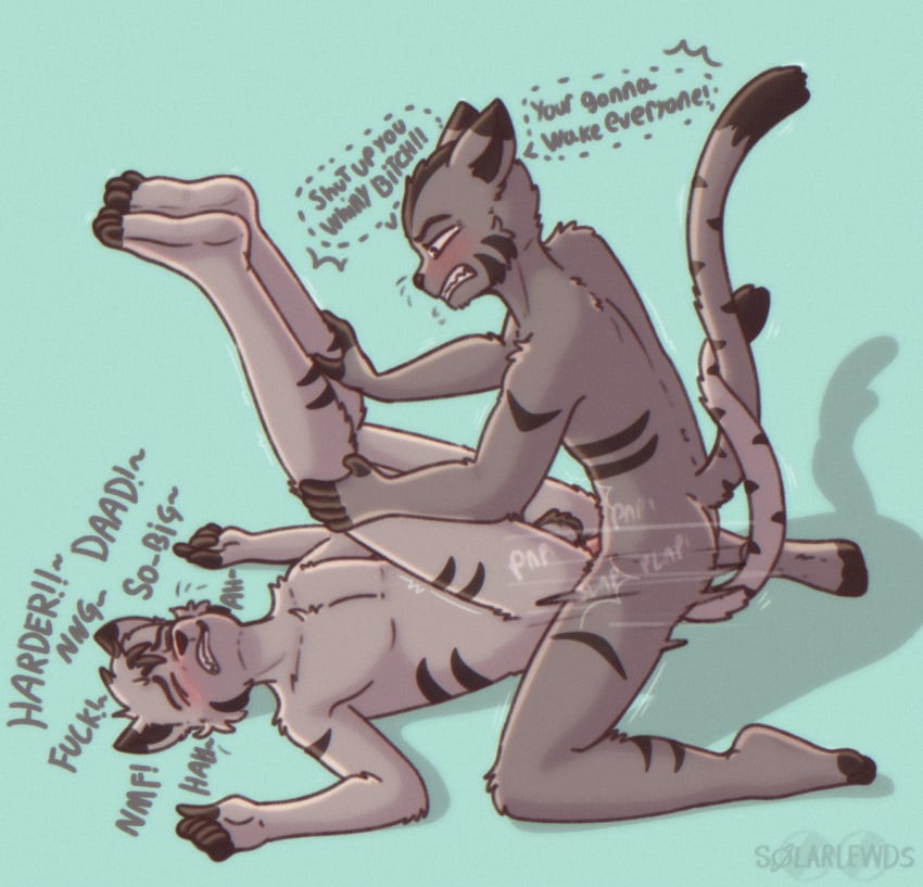 angry anthro ass balls blush daddy_kink dialogue digital_media_(artwork) domestic_cat duo english_text father_(lore) father_and_child_(lore) father_and_son_(lore) felid feline felis fur fur_markings genitals grey_body grey_fur hair hi_res humanoid_genitalia humanoid_penis incest_(lore) jinx_(solarlewds) male male/male mammal markings moan nude open_mouth parent_(lore) parent_and_child_(lore) parent_and_son_(lore) penis rough_sex scruffy sex simon_(solarlewds) simple_background solarlewds son_(lore) speech_bubble speed_lines stripes tail tail_curled talking_to_another talking_to_partner teeth text whiskers