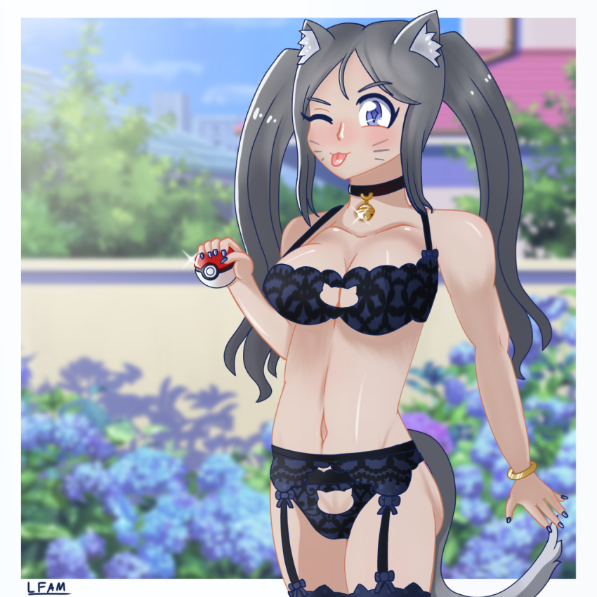 1girls 2022 bell_collar belly belly_button blue_eyes bra cat_ears cat_girl cat_tail catgirl choker collar collarbone fifounette fildrong garter_belt grey_hair lfam lingerie long_hair old_art pale_skin panties pokeball pokemon sfw tagme tongue tongue_out twintails underwear whisker_markings whiskers wink