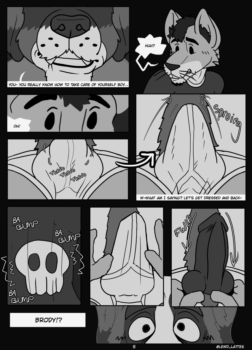 absurd_res anthro bite biting_lip blush blush_lines bulge canid canine canis clothing domestic_dog duo erection heartbeat hi_res lewd_latte male male/male mammal molosser monochrome mountain_dog mouse murid murine original_characters rodent saint_bernard underwear