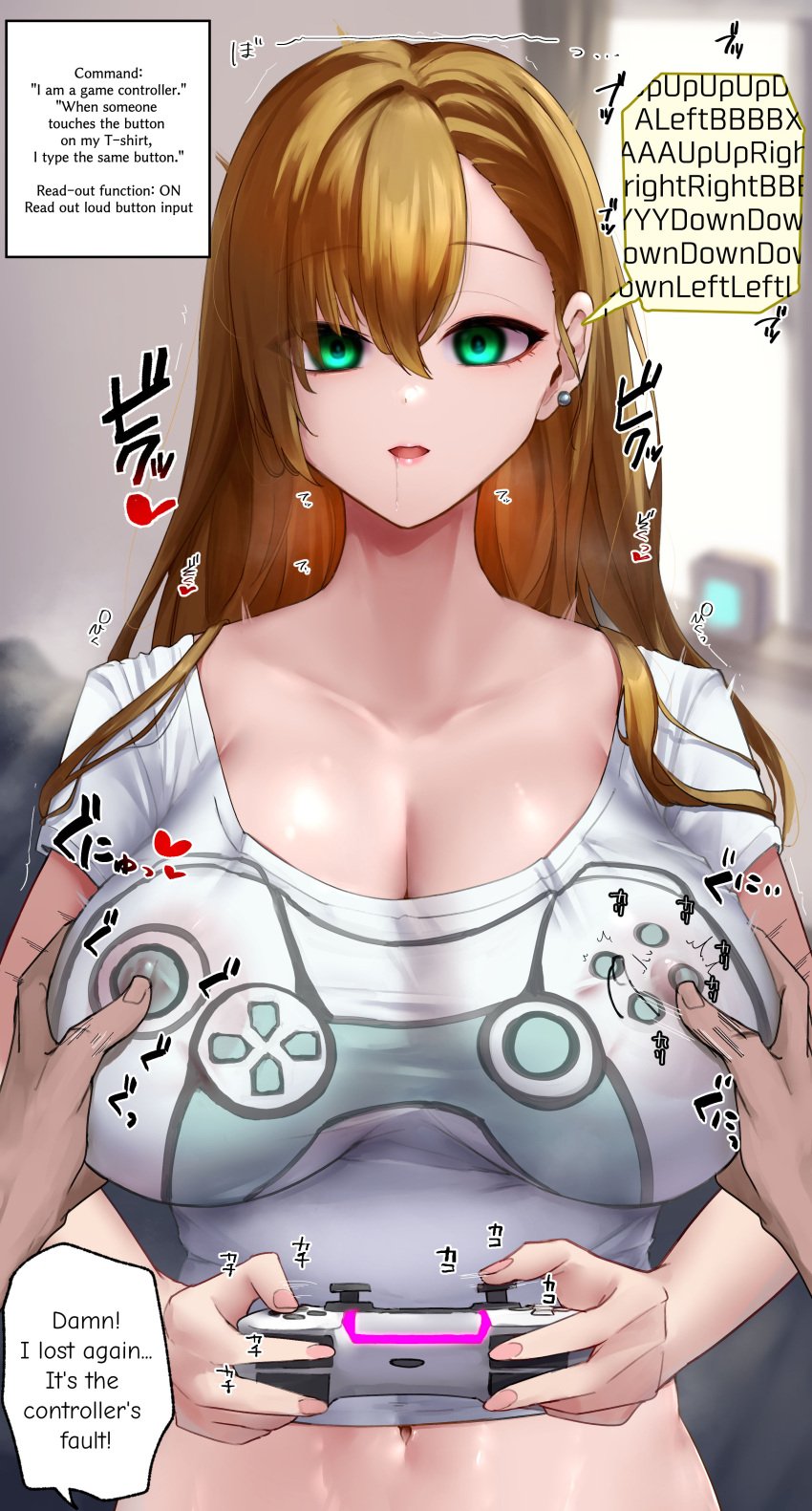 absurd_res altered_common_sense altered_perception alternate_costume blue_eyes breast_fondling breast_grab change_in_common_sense cleavage close_rim_open collarbone common_sense_change dialogue drool empty_eyes english_text erect_nipples erect_nipples_under_clothes expressionless female fondling_breasts game_controller hard_translated hiyori_marubichi huge_breasts humor hypnosis indifferent long_hair male/female maledom mind_control molestation navel no_bra open_mouth orange_hair original parody playstation revealing_clothes speech_bubble t-shirt tech_control text thought_bubble tight_clothing tomboy translated trigger tubetop unaware unaware_hypnosis