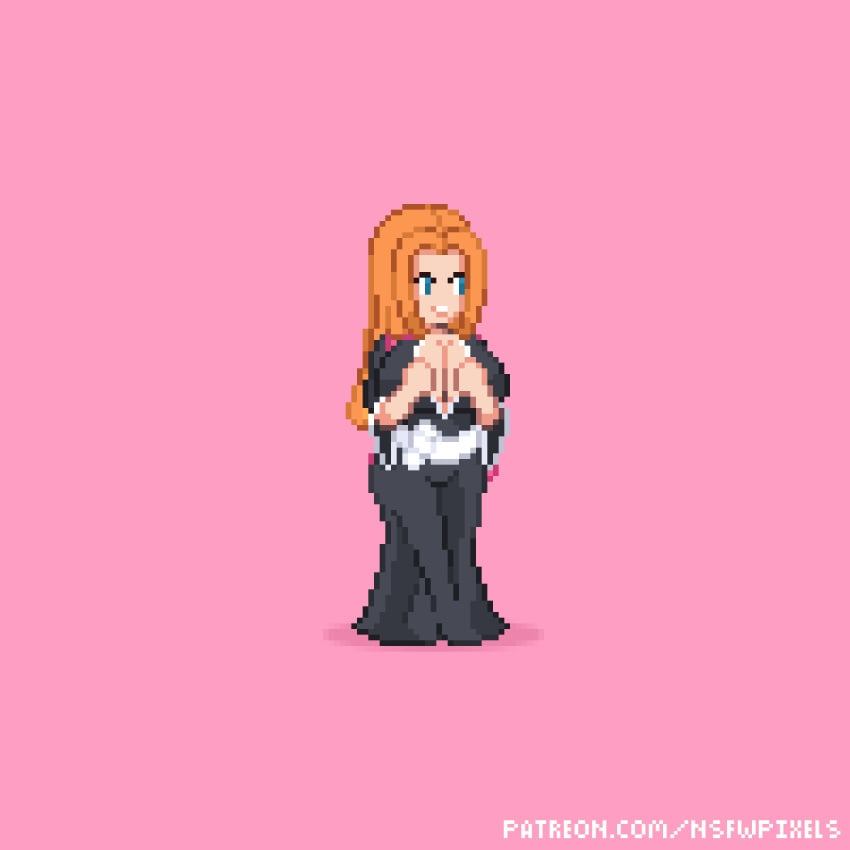 animated black_dress bleach blue_eyes cleavage cleavage_cutout female female_focus female_only flashing_breasts ginger ginger_hair matsumoto_rangiku nsfw nsfwpixels orange_hair pixel_art rangiku_matsumoto red_hair redhead showing_breasts tagme wink winking_at_viewer