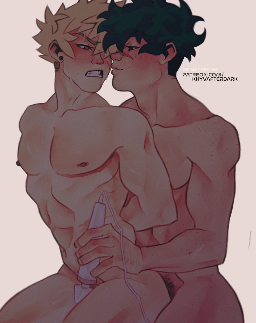 2boys abs baring_teeth blonde_hair boku_no_hero_academia cuntboy earrings freckles gay green_hair hands_behind_back izuku_midoriya katsuki_bakugou khyvafterdark mastectomy_scar my_hero_academia narrowed_eyes nipple_piercing nipples scar scars showing_teeth smug smug_face tagme vibrator yaoi