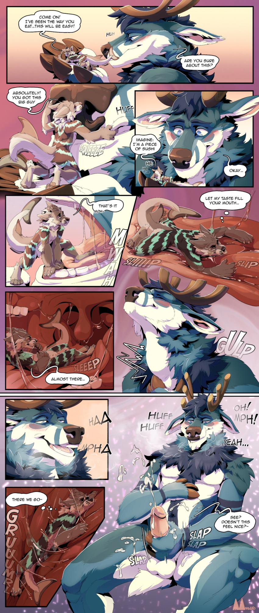 3_fingers absurd_res all_fours anthro antlers assisted assisted_vore balls barely_inside blue_body blue_eyes blue_fur blush bodily_fluids breath brown_antlers brown_body brown_fur brown_nose canid canine canis closed_eyes comic cum cum_drip cum_on_belly cum_on_body cum_on_hand cum_on_leg cum_on_penis deer dialogue domestic_dog dripping duo ejaculation english_text fangs feet fin fingers fish foot_fetish foot_in_mouth foot_play fully_inside fur genital_fluids genitals hi_res hooved_fingers hooves horn humanoid_genitalia humanoid_penis hybrid internal internal_oral larger_pred lying male male/male male_pred male_prey mammal marine masturbation minti_(mintitacos) molnyshko neck_bulge nude on_front on_hand on_tongue oral_vore partially_submerged penis raised_head saliva saliva_on_arm saliva_on_tail saliva_string shark short_tail size_difference smaller_prey spread_legs spreading swallowing tail tail_fin teeth text unknown_character uvula vore white_balls white_body white_fur willing_prey