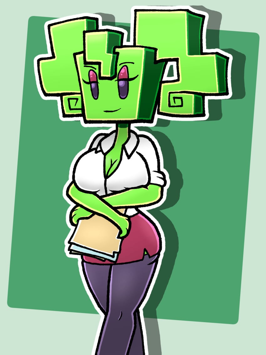 chabble folder green_background green_body green_hair green_skin humanoid mario_(series) mimi_(super_paper_mario) miniskirt paper_mario secretary super_paper_mario