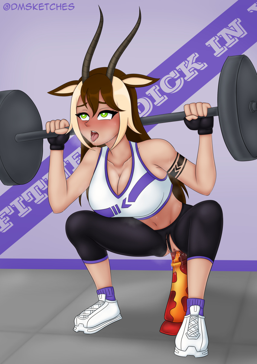 ahe_gao blush brown_hair clothed crop_top dildo dmdemon ears_visible_through_hair equine_dildo green_eyes horns horse_dildo long_hair oc original_character sex_toy solo squat squatting sweat torn_clothes torn_legwear weightlifting weights workout