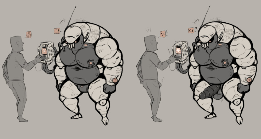 anthro arthropod balls big_balls big_nipples big_pecs big_penis charging crustacean duo erection genitals grey_body heart hi_res human human_on_anthro interspecies isopoda larger_anthro larger_male looking_pleasured machine malacostracan male male/male mammal marine metal_penis multicolored_body musclegut muscular muscular_anthro muscular_male nipples nude pecs penis pure_command robophilia robot size_difference smaller_human smaller_male surprised_expression white_body