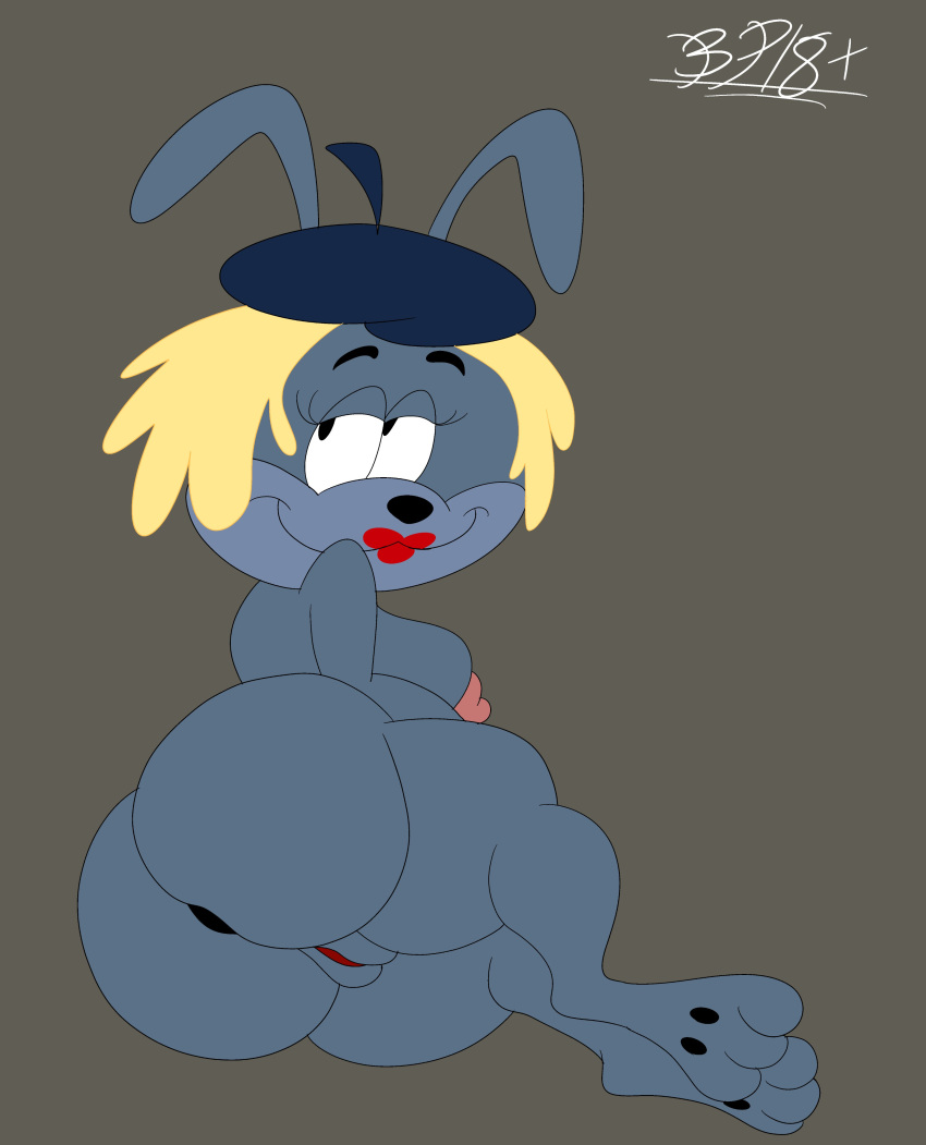 anthro anus beret big_ass big_butt blastprocessing16 blonde_hair blue_fur breasts bunny_(looney_tunes) bunny_and_claude cartoony eyebrows eyelashes hi_res looney_tunes mammal naked nipples nude only_female paws rabbit red_lips smile tagme vagina warner_brothers