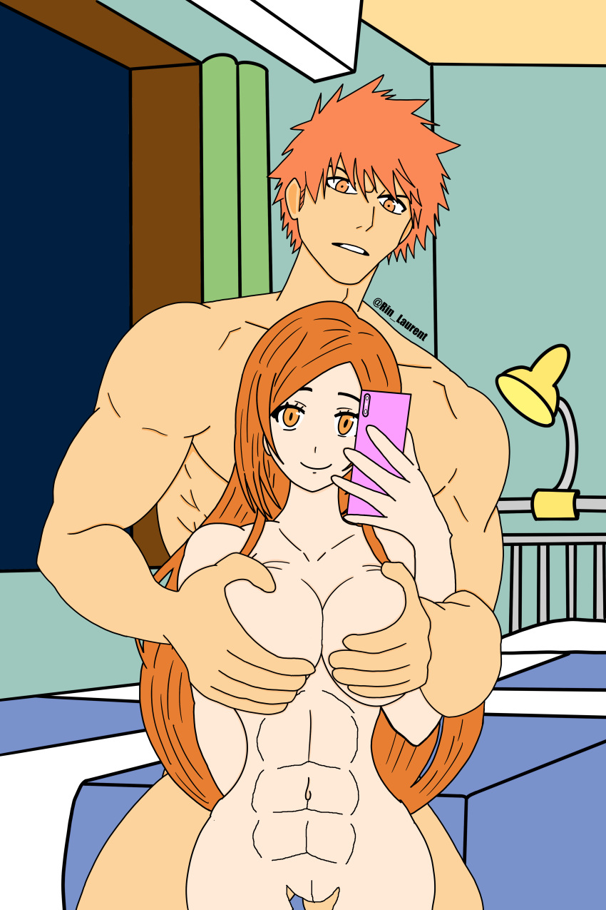 1boy 1girls abs athletic_female athletic_male bare_legs big_breasts bleach completely_nude female_abs fit_female fit_male hands_covering_breasts inoue_orihime kurosaki_ichigo nude nude_selfie orange_eyes orange_hair phone pussy rin_laurent selfie