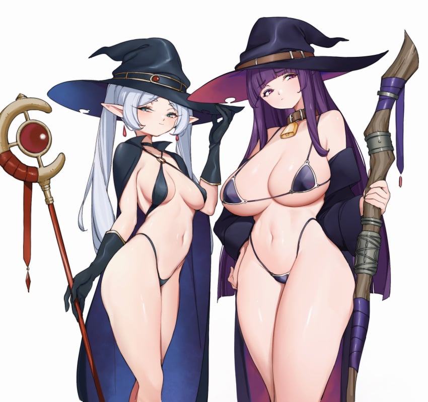 2girls ass bikini breasts female female_only fern_(sousou_no_frieren) frieren green_eyes hat lamsass large_breasts large_hat long_hair medium_breasts multiple_girls pointy_ears purple_eyes purple_hair revealing_clothes sousou_no_frieren twintails white_hair witch_hat