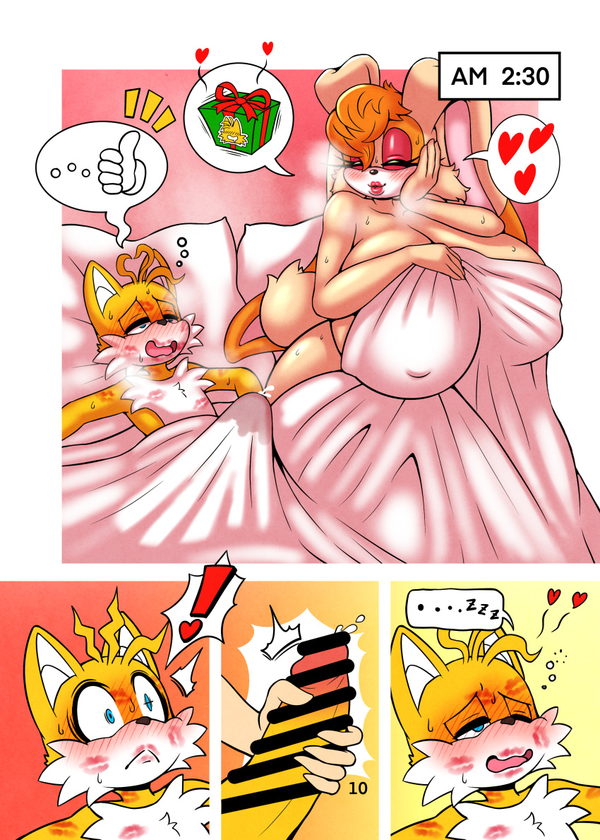 bed big_breasts big_penis censored heart kiss_mark michiyoshi milf rabbit sonic_(series) sonic_the_hedgehog_(series) tails vanilla_the_rabbit