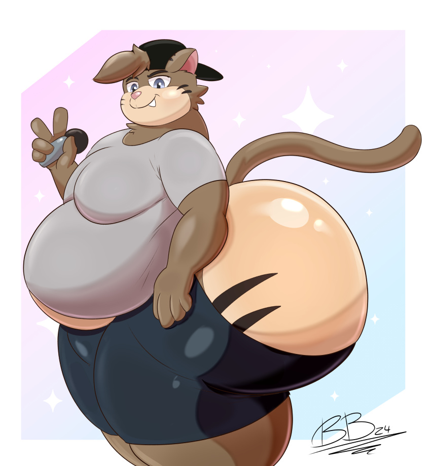 absurd_res anthro ass baseball_cap belly_overhang big_butt bottomwear brick_break_after_dark clothing dee_jay_f31in3_(teddogbear) domestic_cat felid feline felis grin hat headgear headwear hi_res huge_butt hyper hyper_butt implied_ass_cleavage looking_at_viewer male male_focus male_only mammal moobs overweight shirt shorts side_view slightly_chubby slightly_chubby_male smile solo solo_male t-shirt thick_thighs topwear