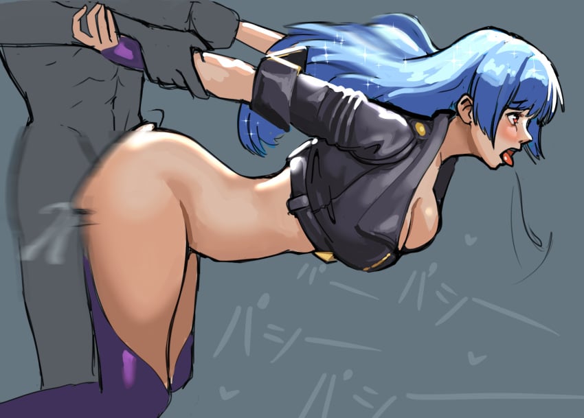 1boy 1girls ahe_gao alternate_breast_size anal_sex angel_(kof)_(cosplay) big_breasts blue_hair breasts cleavage cosplay from_behind king_of_fighters kula_diamond sex snk snk_heroines:_tag_team_frenzy straight sunbeam_(artist)