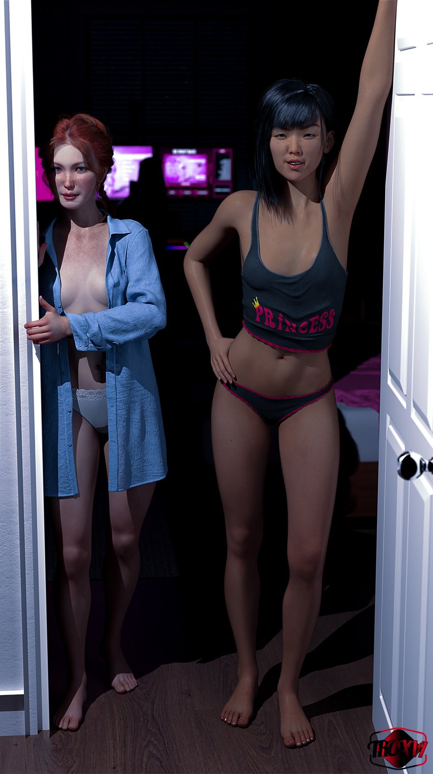 2girls 3d asian black_hair female female_only freckles hana_(troxvi) human human_only light-skinned_female light_skin red_hair rori_collins_(troxvi) self_upload troxvi underwear underwear_only