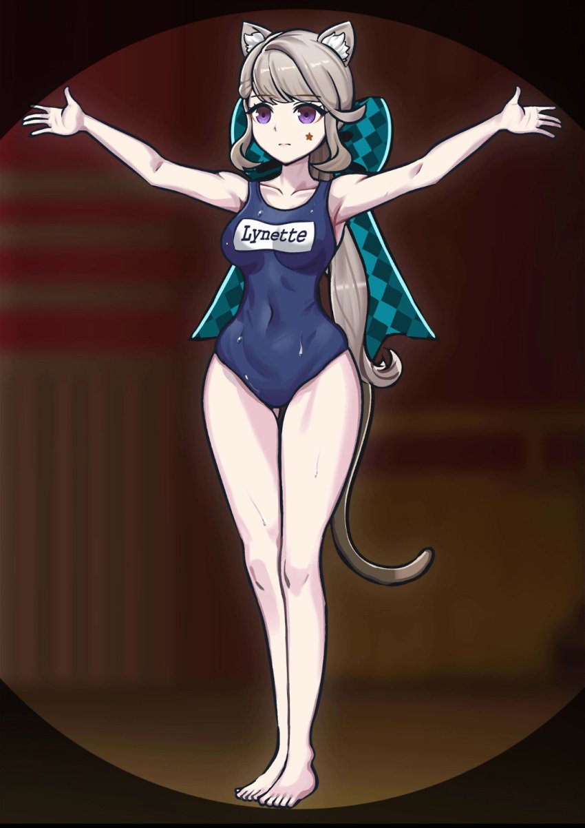 cat_ears cat_tail catgirl exposed_thighs female female_only genshin_impact gimnaeng hourglass_figure lynette_(genshin_impact) magician one-piece_swimsuit pose swimsuit wide_hips