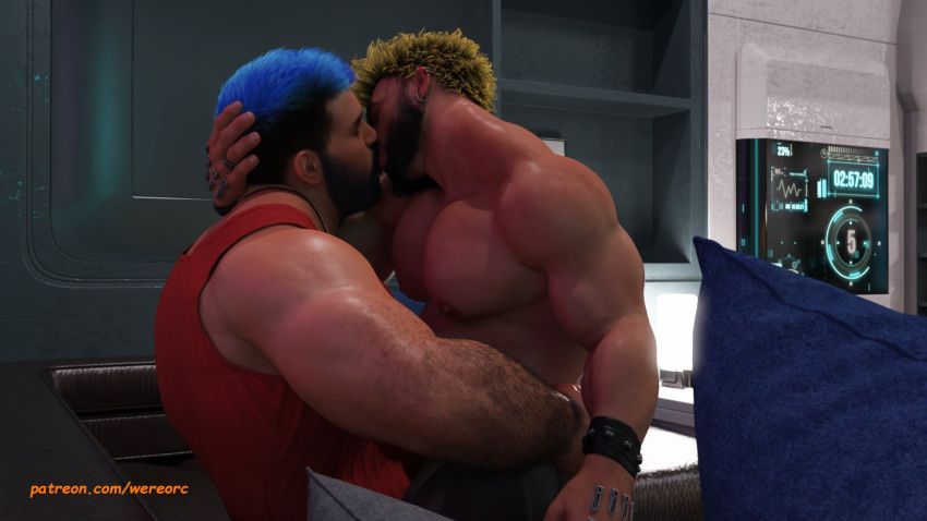 2boys 2humans 2males 3d 3d_(artwork) 3d_model bara bara_tiddies bara_tits blue_hair dwarf gay gay_kissing indoors kissing making_out male/male male_focus male_only manly masculine muscles muscular muscular_male oc original original_characters sensual shirtless shirtless_(male) shirtless_male wereorc_(artist) yellow_hair