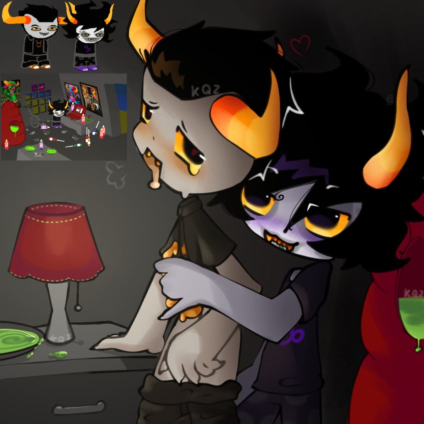 2boys 2d 2d_(artwork) alien alien_humanoid black_hair blush drawing drawn gamzee_makara gay gay_sex grey_skin heart-shaped_pupils homestuck horns kaza_official masturbation orange_dick orange_horns self_upload tavros_nitram