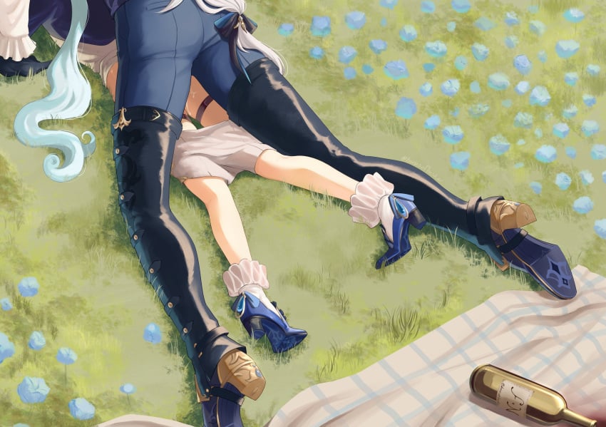 1boy ankle_boots aqua_hair bonbon_(bonesofbeskar) bonesofbeskar boots bottle boy_on_top chaps clothed_sex clothes_pull commentary english_commentary faceless_female female field flower flower_field frilled_anklet furina_(genshin_impact) genshin_impact grass height_difference high_heel_boots high_heels highres implied_sex_from_between_legs long_hair lying male male/female neuvillette_(genshin_impact) on_grass on_stomach outdoors prone_bone red_wine sex sex_from_behind shorts shorts_pull size_difference spill straight white_hair wine