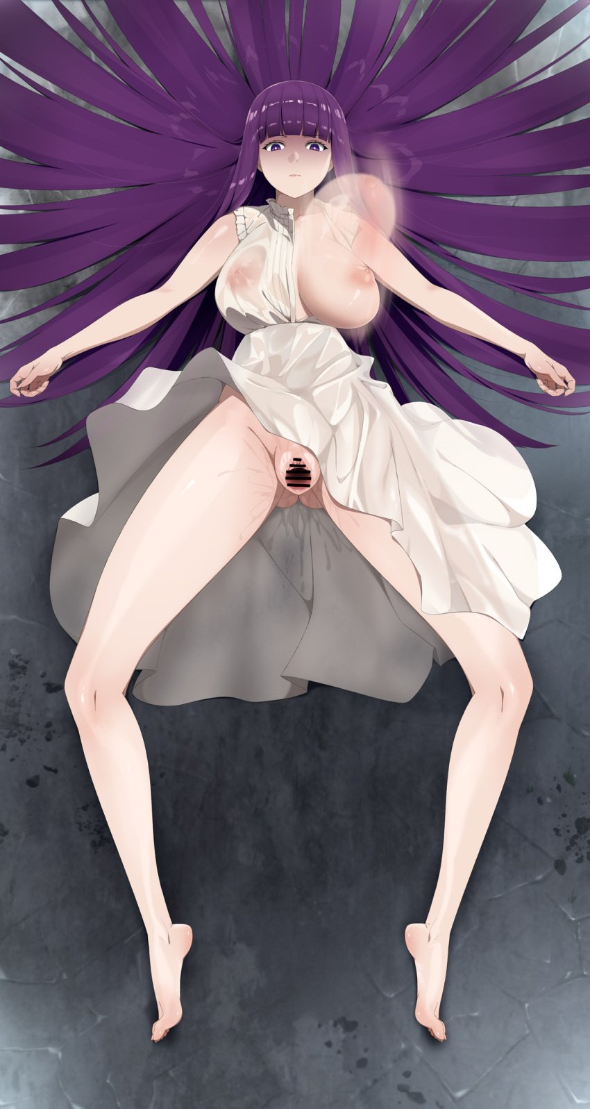 ass_visible_through_thighs bare_shoulders barefoot blunt_bangs bouncing_breasts breasts expressionless female fern_(sousou_no_frieren) highres large_breasts long_hair nipples paid_reward_available purple_eyes purple_hair pussy pussy_juice rape shaded_face shoujo_donburi solo sousou_no_frieren spread_legs spread_pussy very_long_hair