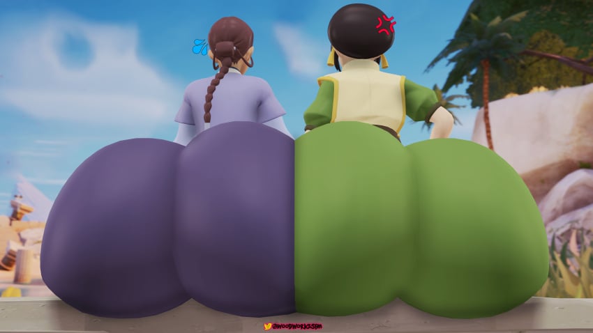 2girls 3d anger_vein annoyed ass ass_bigger_than_head ass_bigger_than_torso ass_to_ass avatar_legends avatar_the_last_airbender big_ass black_hair bottom_heavy brown_hair bubble_butt clothing dark-skinned_female dark_skin earth_kingdom fat_ass female female_only fortnite huge_ass hyper hyper_ass katara large_ass light-skinned_female light_skin massive_ass oakensfm png sitting thick_ass toph_bei_fong water_tribe woodworksfm