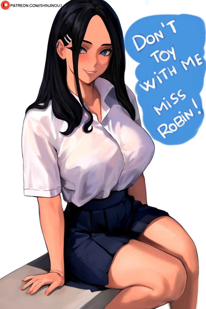 absurd_res bench black_hair blue_eyes blue_skirt breasts clothed clothed_female cosplay covered_breasts crossover ear_piercing ear_ring earrings fang female female_only hair_ornament hair_pin heavy_bottom heavy_breasts high_school_student huge_breasts large_breasts lips long_hair looking_at_viewer nico_robin one_piece pierced_ears pink_lips please_don't_bully_me,_nagatoro school_uniform schoolgirl schoolgirl_uniform see-through see-through_shirt shinjinou shirt short_sleeves sitting skirt smile text text_bubble thick thick_ass thick_thighs thighs white_shirt writing