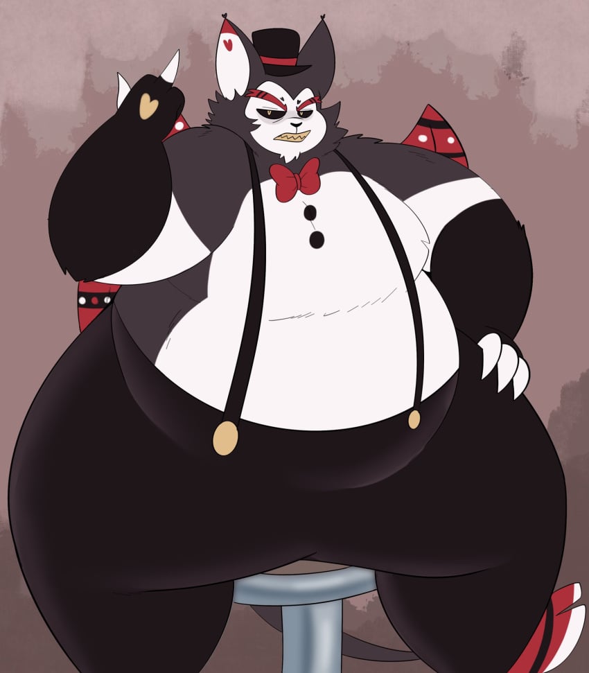 2024 bowtie buttons chest_tuft chubby chubby_belly chubby_male demon dilf fat_arms fat_man felid feline felis fluffy_chest grumpy hazbin_hotel husk_(hazbin_hotel) looking_at_viewer megacoolbear_(artist) middle_finger morbidly_obese morbidly_obese_male obese obese_male overalls plump_belly plump_hips plump_thighs sitting sitting_down sitting_on_stool stool thick_thighs top_hat topwear vivienne_medrano wide_hips wings yellow_teeth