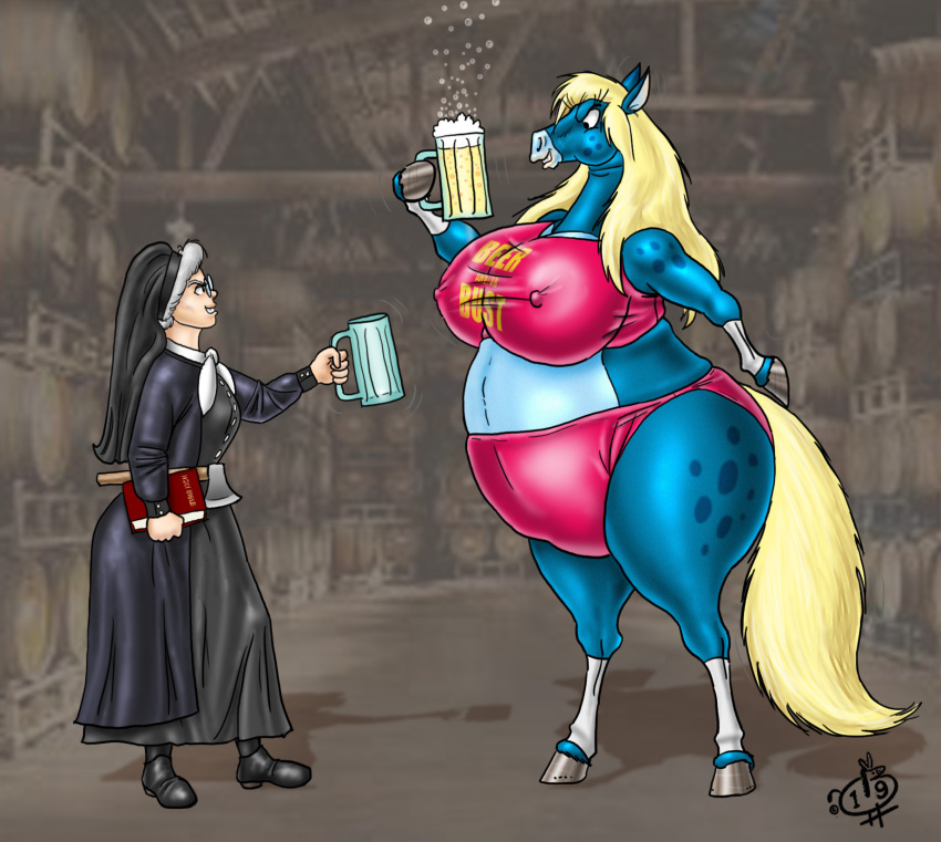 2019 anthro ass_bigger_than_head beer big_ass big_belly big_breasts blue_pony breasts_bigger_than_head carrie_nation fuusenroba horse inflation nun tagme