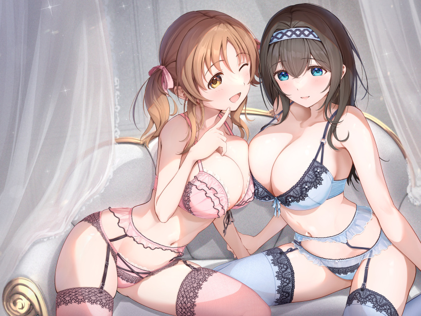 2girls ass bare_arms bare_shoulders belly belly_button blue_bra blue_eyes blue_lingerie blue_panties blue_thighhighs blue_underwear blush bra breast_press breasts brown_hair cleavage collarbone dot_nose female female_focus female_only fujinomiya_rio groin hair_band hair_between_eyes high_resolution highres hourglass_figure idolmaster idolmaster_cinderella_girls large_breasts legs light_skin lingerie long_hair looking_at_viewer multiple_girls navel nude open_mouth panties pink_bra pink_lingerie pink_panties pink_thighhighs pink_underwear sagisawa_fumika short_hair sideboob simple_background sitting slender_body slender_waist slim_girl slim_waist smile smiling smiling_at_viewer stockings thick_thighs thighhighs thighs thin_waist totoki_airi twintails underwear upper_body v-line yellow_eyes