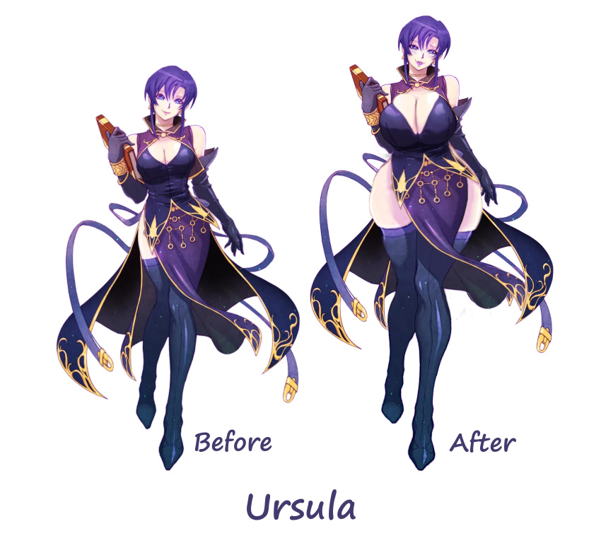 1girls alternate_breast_size before_and_after blue_eyes book bursting_breasts cleavage edit edited_official_artwork fire_emblem fire_emblem:_the_blazing_blade gloves huge_breasts large_breasts narrowed_eyes nintendo official_artwork_edit plump purple_dress purple_hair purple_lipstick smirk sutton184_edits thick_thighs thighhighs third-party_edit ursula_(fire_emblem) wide_hips