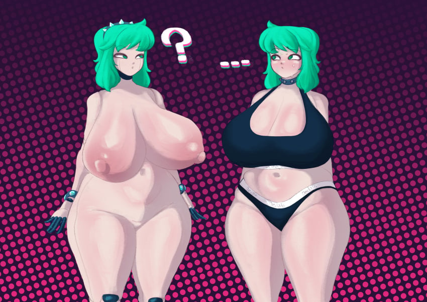 2girls big_breasts dedalo green_hair huge_breasts multiple_girls original original_character punkgal_(dedalo) robot_girl thick_thighs