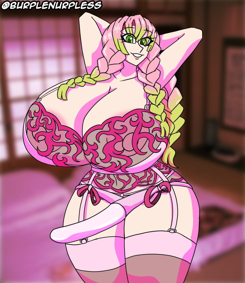 1girls burplenurpless demon_slayer green_eyes green_hair huge_breasts kanroji_mitsuri kimetsu_no_yaiba multicolored_hair pink_hair pink_lingerie pink_strap-on seductive_pose solo_futa strap-on