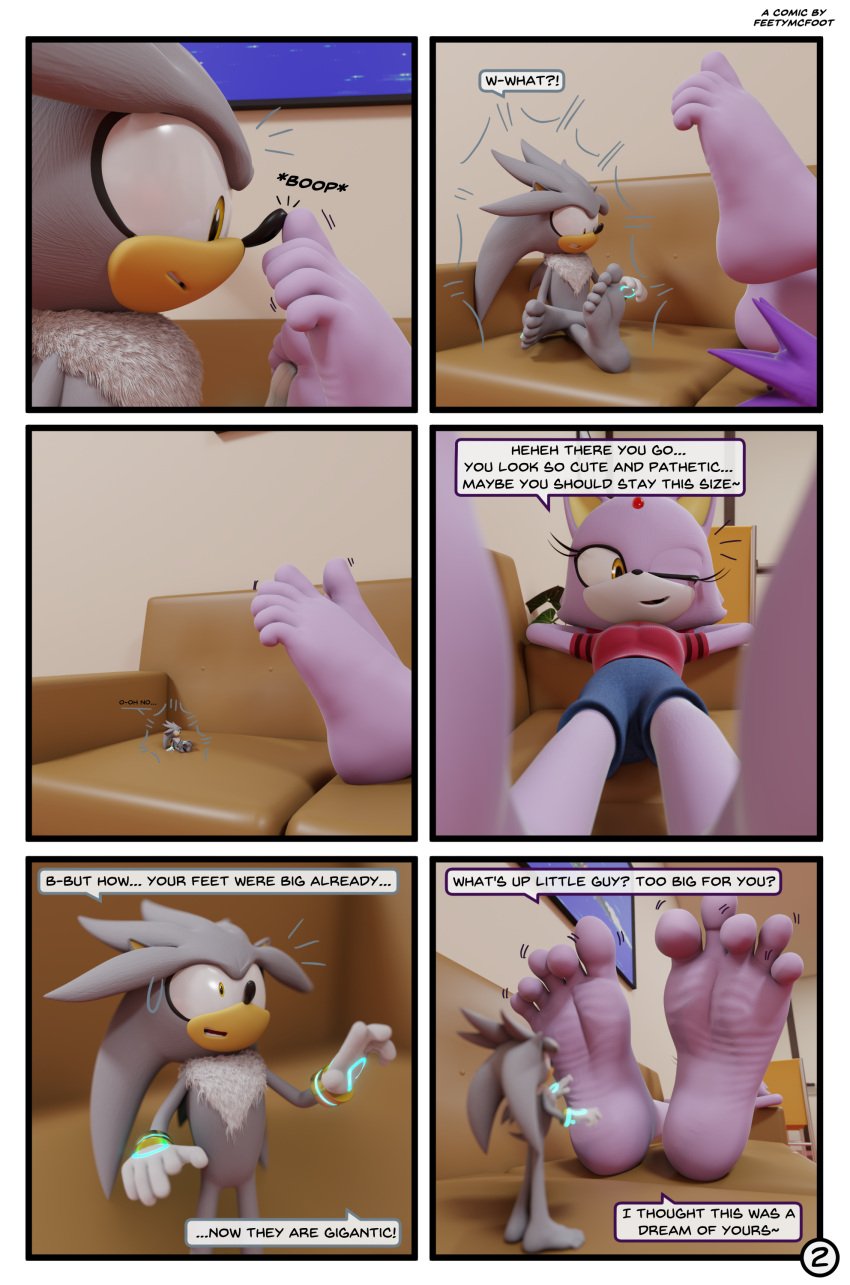 5_toes absurd_res anthro barefoot blaze_the_cat comic comic_page dialogue duo english_text feet feetymcfoot female foot_fetish foot_focus foot_play giantess hi_res humanoid_feet macro male male/female micro page_2 page_number plantigrade sega shrinking silver_the_hedgehog size_transformation soles sonic_(series) sonic_the_hedgehog_(series) speech_bubble text toes transformation