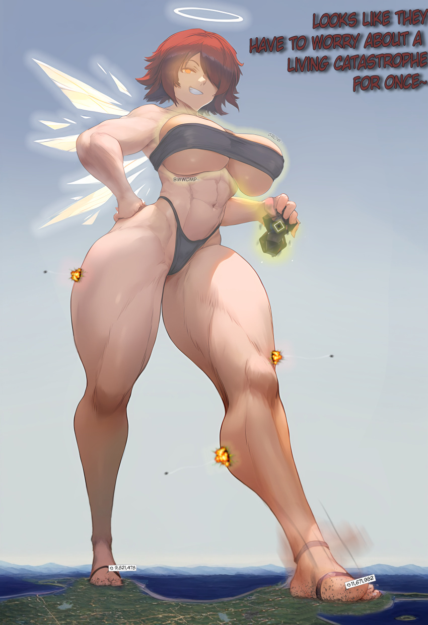 1girls ai_generated arknights breast_expansion city dspaceous english_text exusiai_(arknights) full_body giantess glowing_eyes growth implied_death large_breasts muscular smug solo solo_female thong tubetop