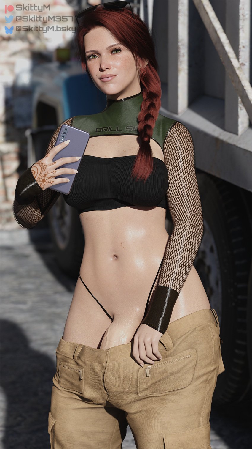 1futa 3d alley big_penis braid breasts cargo_pants flaccid futa_only futanari g-string green_eyes light-skinned_futanari penis penis_reveal phone red_hair skittym solo standing sunglasses_on_head tattoos tubetop