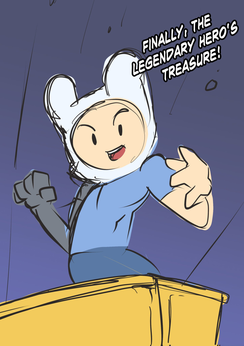 adventure_time alybunar amputee clothed clothed_male finn_the_human mechanical_arm robot_arm treasure treasure_chest